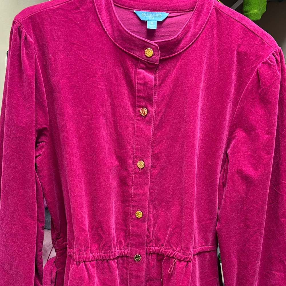 Draper James Long Sleeve Pink Corduroy Dress Gold Buttons Tie Belt Puff Sleeve M - Picture 4 of 4